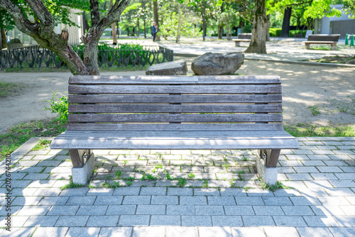 Wooden Park Bench on Outdoor Walkway in Urban Green Space