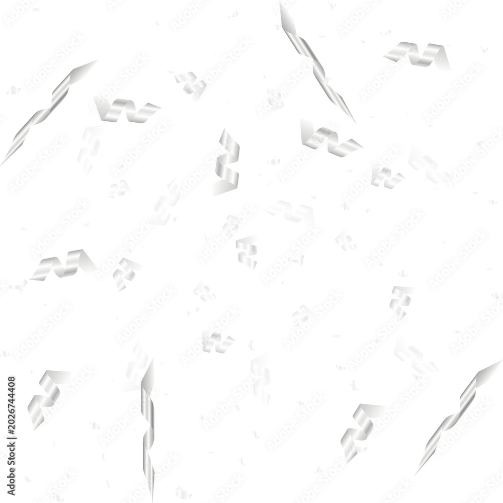 Fototapeta premium Silver party streamers PNG transparent background with sparkling confetti and shiny ribbons, realistic festive decoration for birthday carnival and celebration banner design