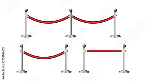 Foto Set of Red Velvet Rope Barrier Stanchions in Different Configurations Isolated o