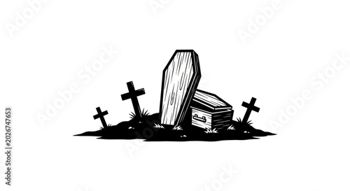 Schilderij op canvas Graveyard Scene: Open Coffin and Crosses, Spooky Illustration