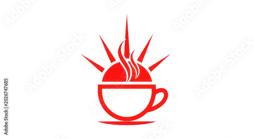 фотографія Hot Coffee Cup Icon with Steam and Sun Rays - Red Logo
