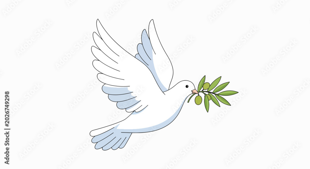 Fototapeta premium A white dove flying with an olive branch in its beak against a clean white background with a symbolic peaceful mood.