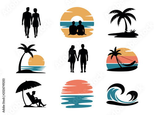 Photos Summer beach vacation vector icon set with sun umbrella boat car sea and travel