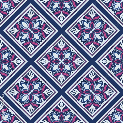 Navy Tribal Geometric Pattern with Ornamental Floral Motifs Seamless Design Elegant Blue Ethnic Seamless Pattern with Floral Diamond and Decorative Borders