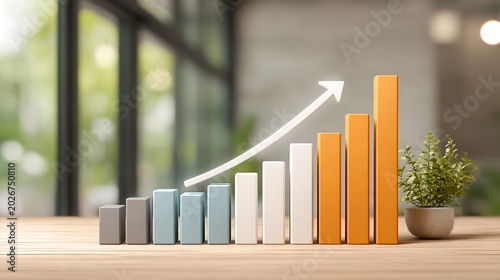 Visually clear bar chart displaying growth with an upward arrow and a small potted plant on a wooden desk, suggesting business success and positive trends