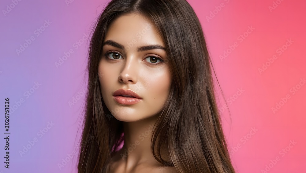 Naklejka premium Beauty model with perfect long glossy brown hair. Close-up portrait on neon gradient background.