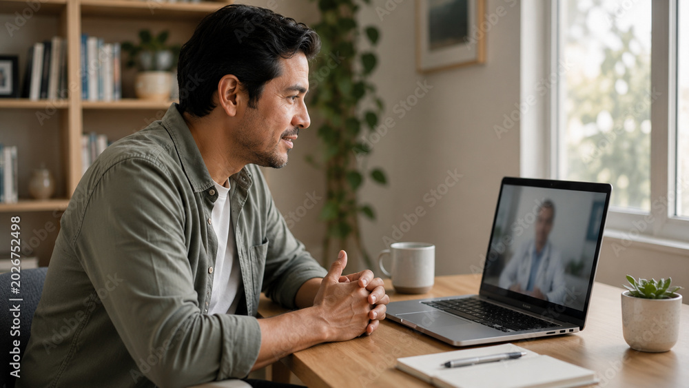 Fototapeta premium Man consults with a doctor via video call on a laptop, discussing health and well-being
