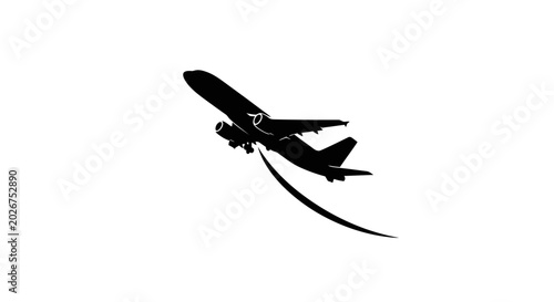 Black silhouette of an airplane taking off into the sky with a swoosh trail.