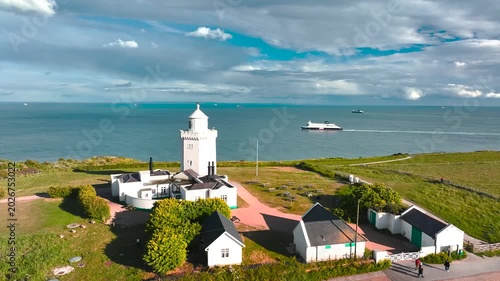 South Foreland Lighthouse from a drone, South Foreland in St. Margaret's Bay, Dover, Kent, England
