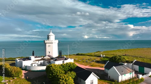 South Foreland Lighthouse from a drone, South Foreland in St. Margaret's Bay, Dover, Kent, England