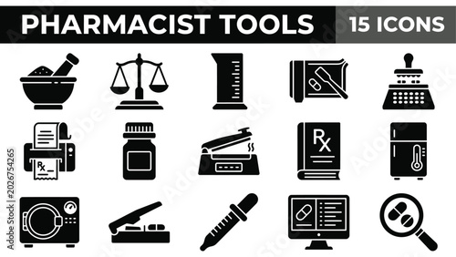 Foto Pharmacist tools, pharmacy icons, medical equipment, 15 black vector icons
