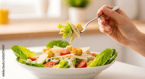 Person eating fresh green salad with chicken and vegetables from a white bowl using a metal fork in a bright home kitchen