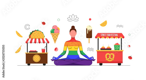 Fotografie Meditating Person in Rainbow Colors Between Market Stalls.