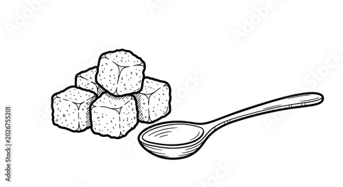 Fotografie Sugar cubes and spoon illustration, sweetening concept, hand-drawn style
