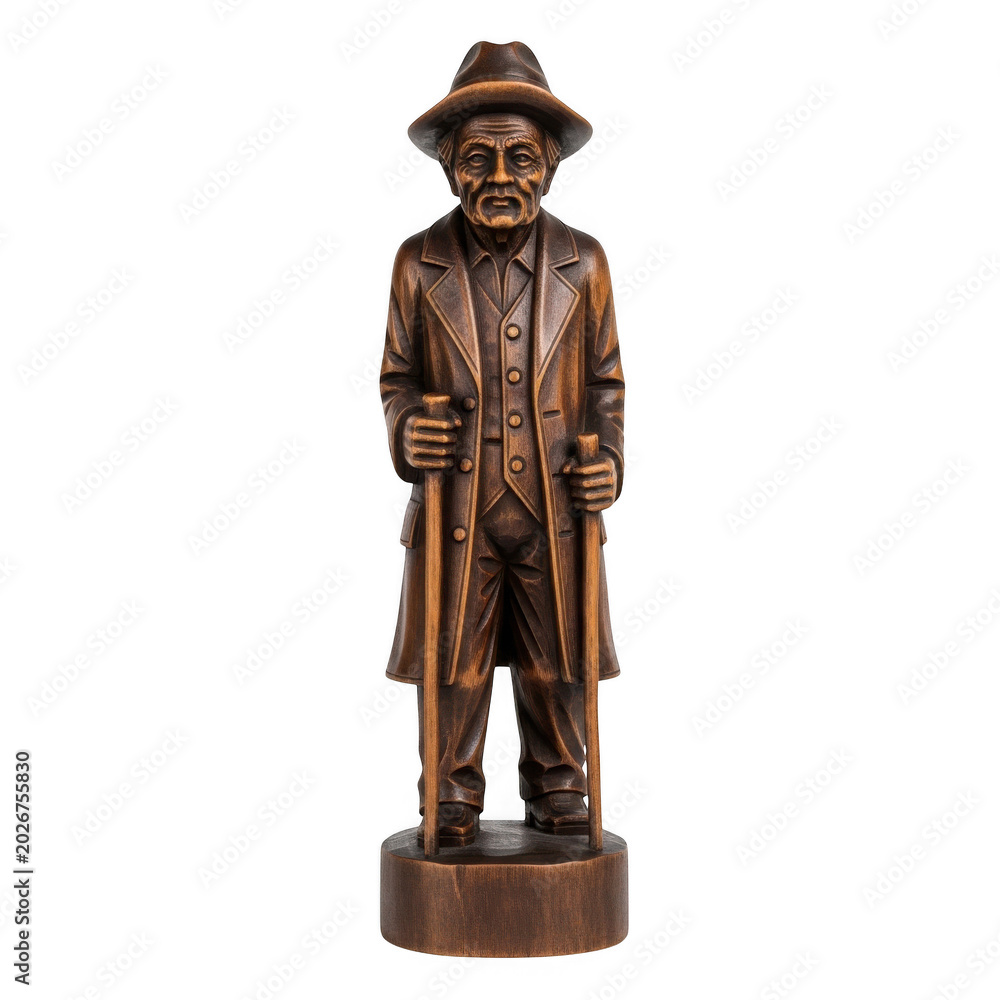 Obraz premium Wooden toy figure of man wearing hat and holding cane