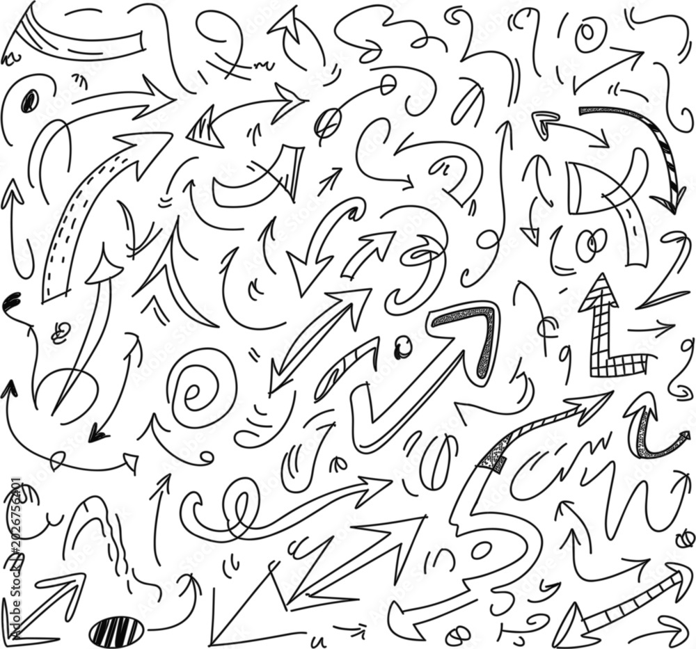 Fototapeta premium Hand drawn arrow doodle collection vector illustration with sketch directional symbols isolated creative design artwork set collection