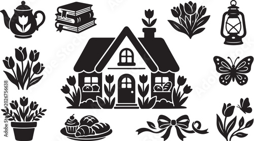 Cozy Home and Garden Icons in Black White