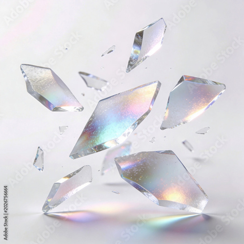 Floating Iridescent Frosted Glass Shards with Soft Pastel Refraction on White Background