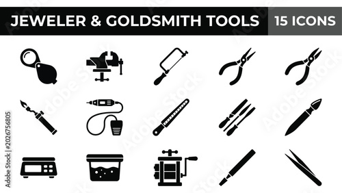 Canvas-taulu Jeweler tools, goldsmith equipment, 15 icon set, black vector graphics