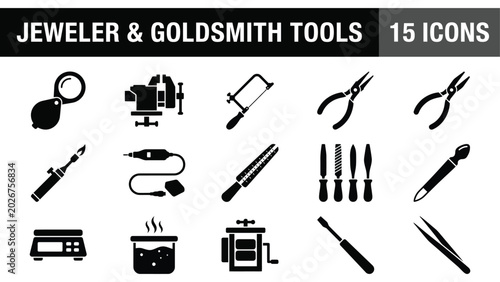 Canvas-taulu Jeweler tools, goldsmith equipment, 15 icons, black vector graphics, jewelry mak