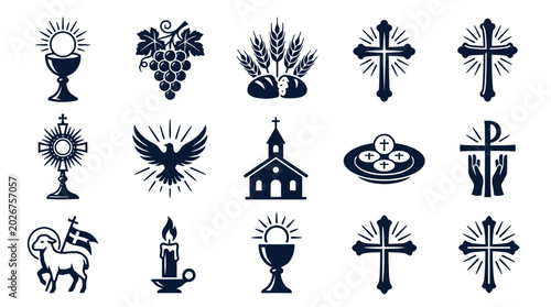 Photos Eucharist symbols grid layout with crosses chalices bread wine church and dove