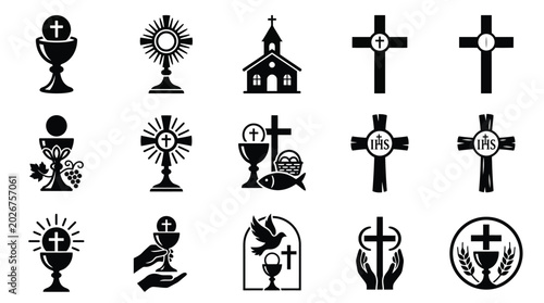 Photos Eucharist symbols and christian icons in grid layout including crosses chalices