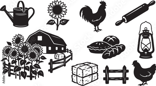 Farm and garden icons in black and white