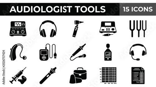 Fotografía Audiologist tools, hearing care icons, medical equipment symbols, 15 black vecto
