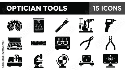 Tableau sur toile Optician tools, eyecare equipment icons, black vector set, 15 elements, ophthalm