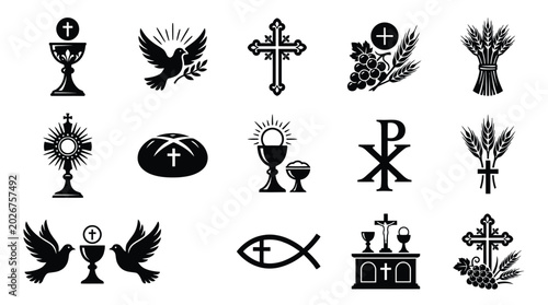 Foto Bundle of christian religious icons in black silhouette including crosses chalic