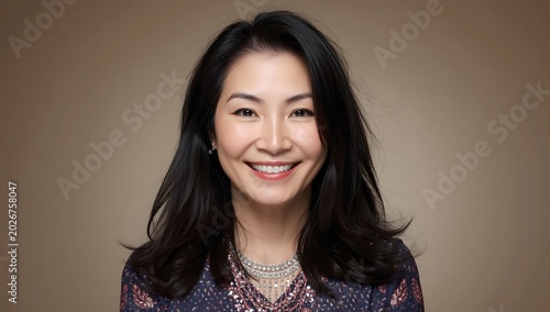 Senior happy middle aged mature asian woman headshot portrait. Hair care advertising on a gradient background.