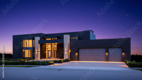 Foto Modern luxury home exterior at twilight with illuminated garage architecture twi