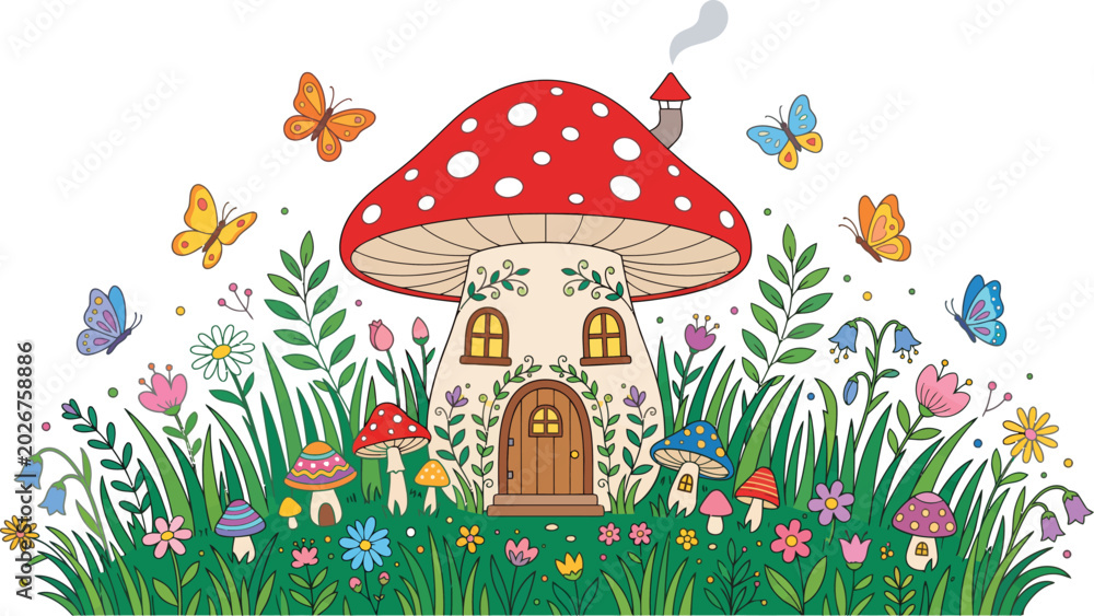 Obraz premium Whimsical illustration of a mushroom house surrounded by colorful flowers and butterflies