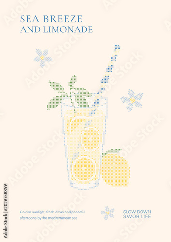 Mediterranean Lemonade Poster in Cross Stitch Style. Italian Summer Vector Artwork with Citrus Drink, Coastal Mood and Sicilian Inspired Details.