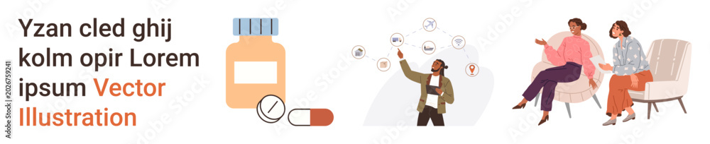 Obraz premium Healthcare, medication, therapy, communication, innovation, mental wellness. Pill bottle and capsules, connection of digital icons two individuals in therapy session. Healthcare and medication