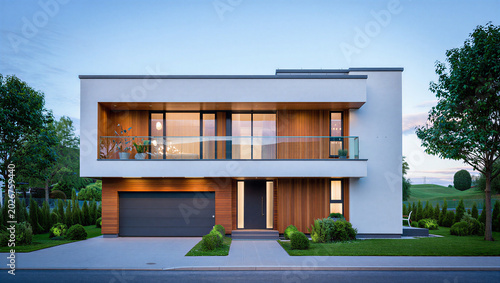 Foto Sleek two story modern residence featuring warm exterior lighting and green land