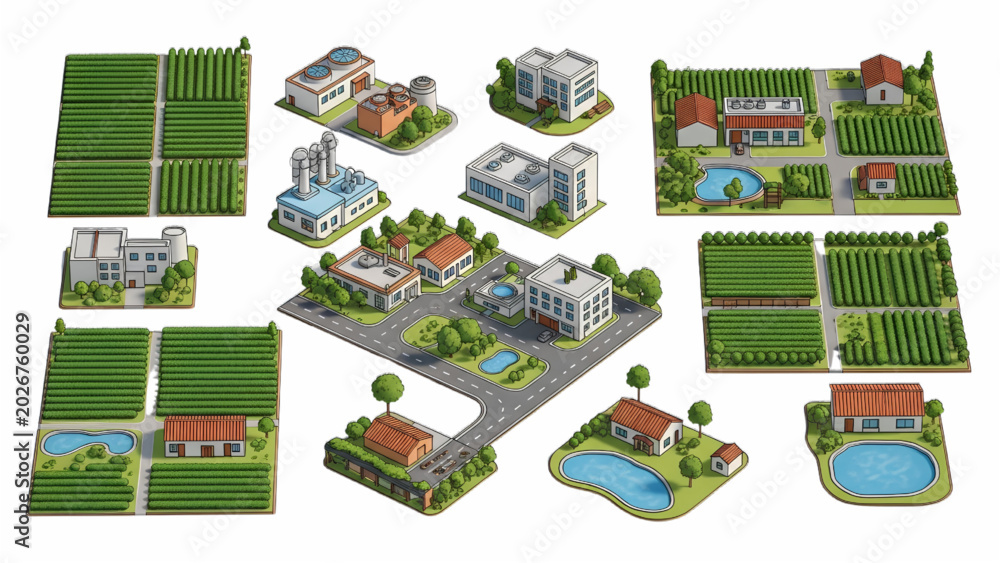 Fototapeta premium 3D Color Tea Plantation Outline Top View Icon Set Floor Plan Symbols for Interior and Architectural Design Vector Illustration