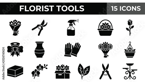 Bild auf Leinwand Florist tools and flower shop equipment, 15 black glyph icons set, gardening sup
