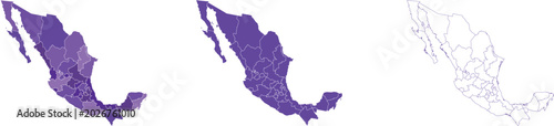 Photos Mexico Map Set with States and Regional Divisions in Purple