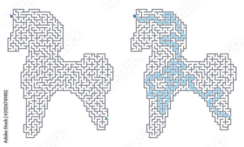 Photos A square maze in the shape of a children's toy horse, without a background, is e