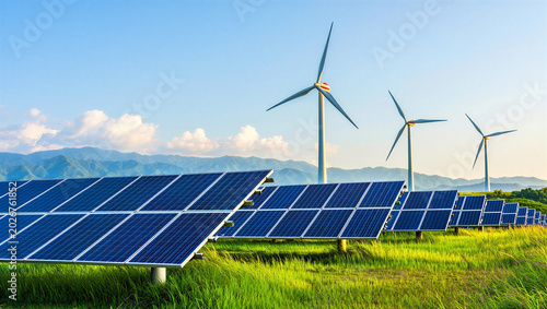 Fotografija Array of solar panels and wind turbines generating clean renewable energy on a l