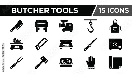 Fotografía Butcher tools icon set, 15 professional meat processing vector icons, black soli