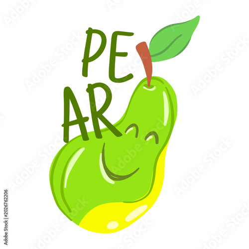 Playful smiling green pear illustration with leaf and stem, ideal for kids products, packaging, labels, apps, social media and healthy food projects, bright cheerful graphic evoking joy and freshness