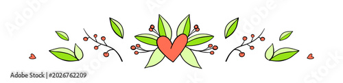 Whimsical hand-drawn heart floral border featuring green leaves and red berries conveying love and romance, perfect for wedding invitations, Valentine designs, greeting cards, nature-themed projects