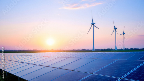 Φωτογραφία Solar panels and wind turbines generating clean energy at sunset with solar pane