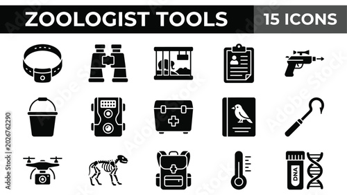 Tableau sur toile Zoologist tools icon set, 15 black solid vector icons for wildlife research, ani