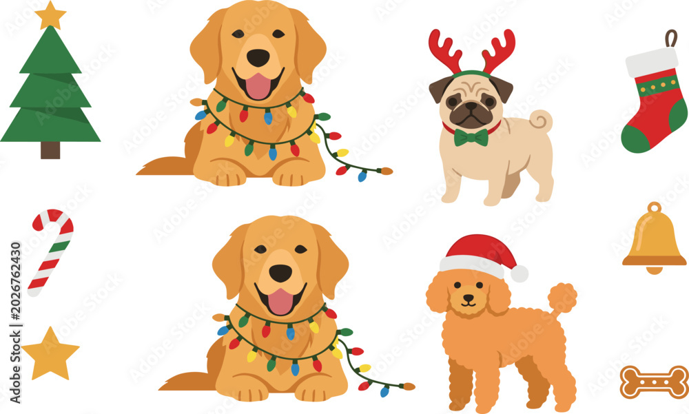 Obraz premium Christmas Dog Celebration Vector Illustration Featuring Cute Puppies Holiday Decorations Festive Costumes Winter Accessories and Seasonal Pet Party Elements