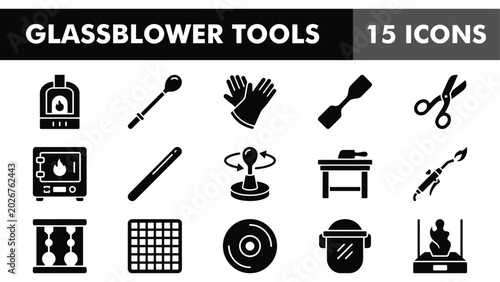Foto Glassblower tools icon set, 15 black vector icons of glassmaking equipment, furn