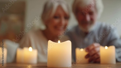 Senior couple indoors creating light patterns with small LED candles
