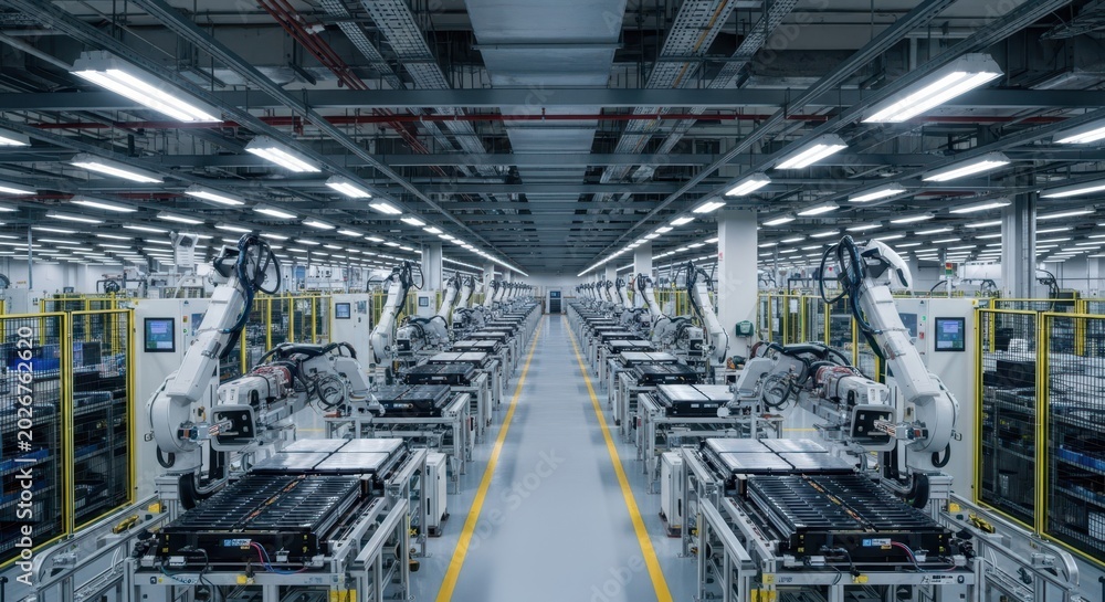 Fototapeta premium Gigafactory interior showcasing advanced robotic assembly lines for electric vehicle battery production